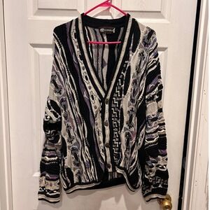 VTG Tundra Canada Mens XL 3D Textured Knit Cardigan Sweater Black White Abstract